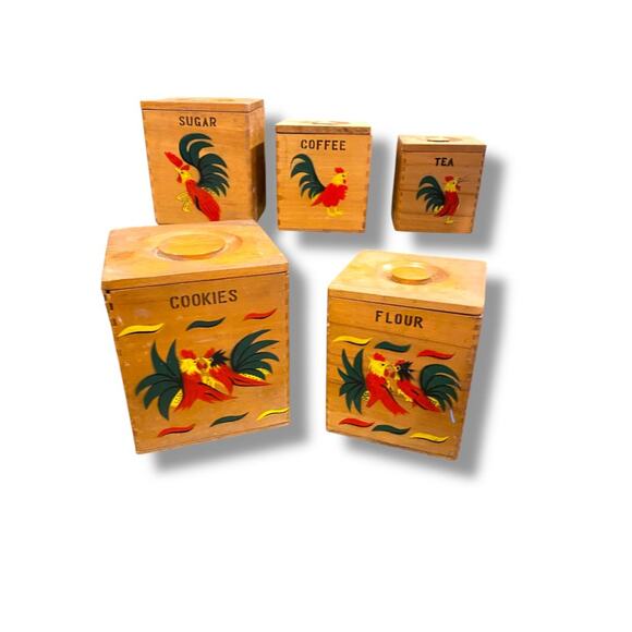 Set of 5 Nesting Wooden Canisters Vintage Rooster Cookies Flour Sugar Coffee Tea - Picture 2 of 8